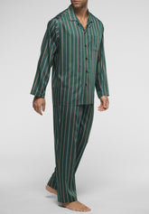 Long Open Pyjamas with Buttons in Lyocell - Green Stripe Print - 6062 riga verde | Perofil