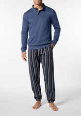 Pigiama Lungo Lupetto con Bottoni in Cotone Invernale Stampa Riga - Denim - 2080 denim | Perofil