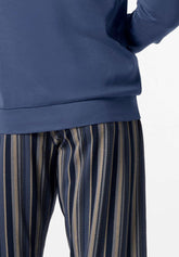 Pigiama Lungo Lupetto con Bottoni in Cotone Invernale Stampa Riga - Denim - 2080 denim | Perofil