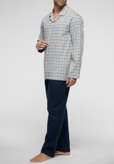 Long Open Pyjamas with Buttons in Soft Flannel - Grey Melange Check and Blue Print - 2057 quadro grigio mel/blu | Perofil