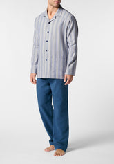 Long Open Pyjamas in Flannel with Stripe Pattern - Light Blue Stripe Print - 2062 riga azzurra | Perofil