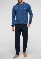 Long Serafino Collar Pyjamas in Winter Cotton - Denim e Blue Print - S813 st.sci blu sky/blu | Perofil