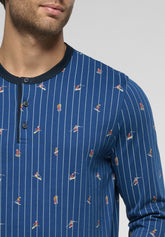 Long Serafino Collar Pyjamas in Winter Cotton - Denim e Blue Print - S813 st.sci blu sky/blu | Perofil