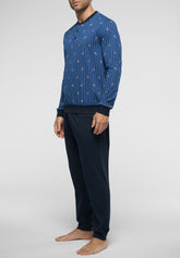 Long Serafino Collar Pyjamas in Winter Cotton - Denim e Blue Print - S813 st.sci blu sky/blu | Perofil