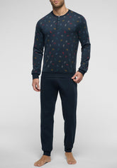 Long Serafino Collar Pyjamas in Winter Cotton - Blue Watches Print - S814 st.orologi blu/blu | Perofil