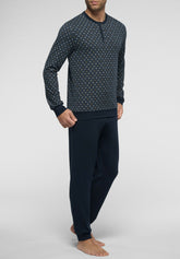 Long Serafino Collar Pyjamas in Winter Cotton - Blue Tie Print - S815 st.cravatteria blu/blu | Perofil