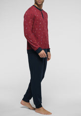 Long Serafino Collar Pyjamas in Winter Cotton - Ruby and Blue Watch Print - S817 st.orologi rubino/blu | Perofil