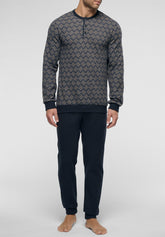 Long Winter Pyjamas in Punto Milano - Safari and Blue - 2048 intrecciato safari/blu | Perofil