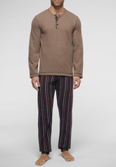 Pigiama Lungo collo serafino Punto Milano Soft Cotton - Safari Melange e Fantasia Righe Blu - 2046 safari melange/riga | Perofil