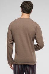 Pigiama Lungo collo serafino Punto Milano Soft Cotton - Safari Melange e Fantasia Righe Blu - 2046 safari melange/riga | Perofil
