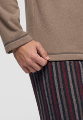 Pigiama Lungo collo serafino Punto Milano Soft Cotton - Safari Melange e Fantasia Righe Blu - 2046 safari melange/riga | Perofil