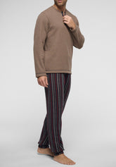 Pigiama Lungo collo serafino Punto Milano Soft Cotton - Safari Melange e Fantasia Righe Blu - 2046 safari melange/riga | Perofil