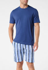 Pigiama Corto Girocollo in Cotone - Denim e Fantasia Righe - 2087 denim/st.riga | Perofil