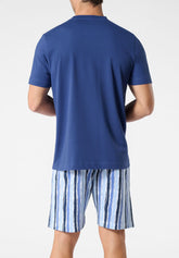 Pigiama Corto Girocollo in Cotone - Denim e Fantasia Righe - 2087 denim/st.riga | Perofil