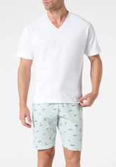 Pigiama Corto Scollo a V in Cotone - Bianco e Fantasia Marina - 2098 bianco/st.marina | Perofil