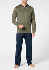 Pigiama Lungo Serafino in Cotone mercerizzato - Verde e Blu - 2101 vegetale/blu | Perofil