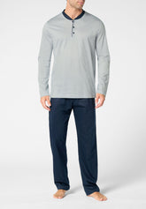 Pigiama Lungo Serafino in Cotone mercerizzato - Perla e Blu - 2102 perla/blu | Perofil