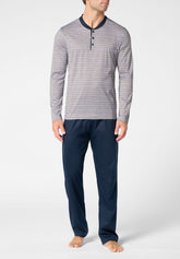 Pigiama Lungo Serafino in Cotone mercerizzato - Fantasia Millerighe e Blu - 2103 millerighe/blu | Perofil