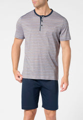 Pigiama Corto Serafino in Cotone mercerizzato - Fantasia Millerighe e Blu - 2103 millerighe/blu | Perofil