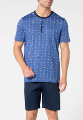 Pigiama Corto Serafino in Cotone Jersey mercerizzato Stampa - Fantasia Van Denim e Blu - S281 st.van denim/blu | Perofil