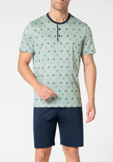 Pigiama Corto Serafino in Cotone Jersey mercerizzato Stampa - Fantasia Vespa Acquamarina e Blu - S273 st.vespa acquamarina/blu | Perofil