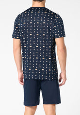 Short Serafino Collar Pyjamas in Mercerised Cotton Print - Van Blue and Blue Print - S274 st.van blu/blu | Perofil