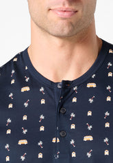 Short Serafino Collar Pyjamas in Mercerised Cotton Print - Van Blue and Blue Print - S274 st.van blu/blu | Perofil