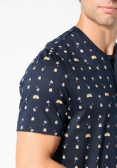 Short Serafino Collar Pyjamas in Mercerised Cotton Print - Van Blue and Blue Print - S274 st.van blu/blu | Perofil