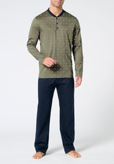 Long Serafino Collar Pyjamas in Mercerised Cotton Print - Botanical Tie and Blue Print - S284 st.cravatteria vegetale/blu | Perofil