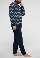 Pigiama Lungo collo lupetto Punto Milano Soft Cotton - Fantasia Chevron e Blu - 2059 chevron/blu | Perofil