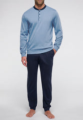 Long Serafino Collar Pyjamas in Winter Cotton - Ice and Blue - 3946 ghiaccio / blu | Perofil
