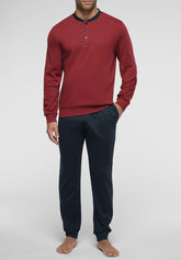 Long Serafino Collar Pyjamas in Winter Cotton - Ruby and Blue - 3948 rubino/blu | Perofil