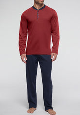 Long Serafino Collar Pyjamas in Winter Cotton - Ruby and Blue - 3948 rubino/blu | Perofil