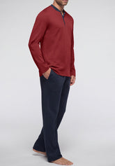 Long Serafino Collar Pyjamas in Winter Cotton - Ruby and Blue - 3948 rubino/blu | Perofil