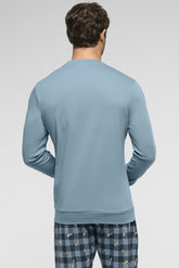 Long Crew-Neck Warm Cotton Pyjamas - Ice and Chess Blue Print - 4365 ghiaccio/st.scacchi | Perofil