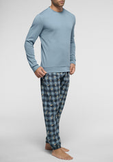 Long Crew-Neck Warm Cotton Pyjamas - Ice and Chess Blue Print - 4365 ghiaccio/st.scacchi | Perofil