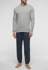 Pigiama Lungo Girocollo in Caldo Cotone - Grigio Melange e Stampa Righe Blu - 4363 grigio mel/st.riga | Perofil