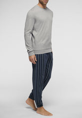 Pigiama Lungo Girocollo in Caldo Cotone - Grigio Melange e Stampa Righe Blu - 4363 grigio mel/st.riga | Perofil