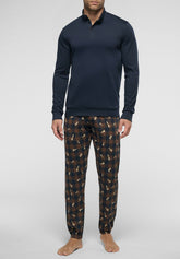 Long High-Neck Winter Cotton Pyjamas in Soft Cotton - Blue and Chequered Print - 4361 blu/ st. scacchi | Perofil