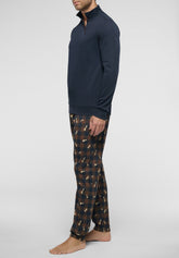 Long High-Neck Winter Cotton Pyjamas in Soft Cotton - Blue and Chequered Print - 4361 blu/ st. scacchi | Perofil