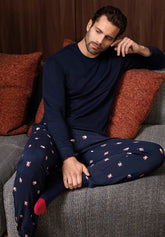 Long Crew-Neck Warm Cotton Pyjamas - Blue and Christmas Print - 4366 blu/st.natale | Perofil
