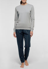 Pigiama Lungo Girocollo in Caldo Cotone - Grigio Melange e Stampa Righe Blu - 4363 grigio mel/st.riga | Perofil
