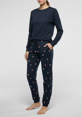 Long Crew-Neck Warm Cotton Pyjamas - Blue and Christmas Print - 4366 blu/st.natale | Perofil