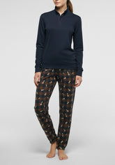 Long High-Neck Winter Cotton Pyjamas in Soft Cotton - Blue and Chequered Print - 4361 blu/ st. scacchi | Perofil