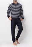 Pigiama Lungo Serafino in Jersey Elasticizzato a Righe