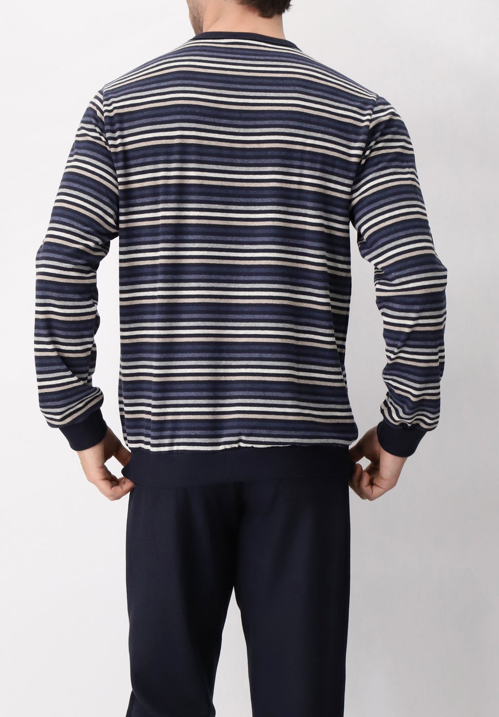 Pigiama Lungo Serafino in Jersey Elasticizzato a Righe